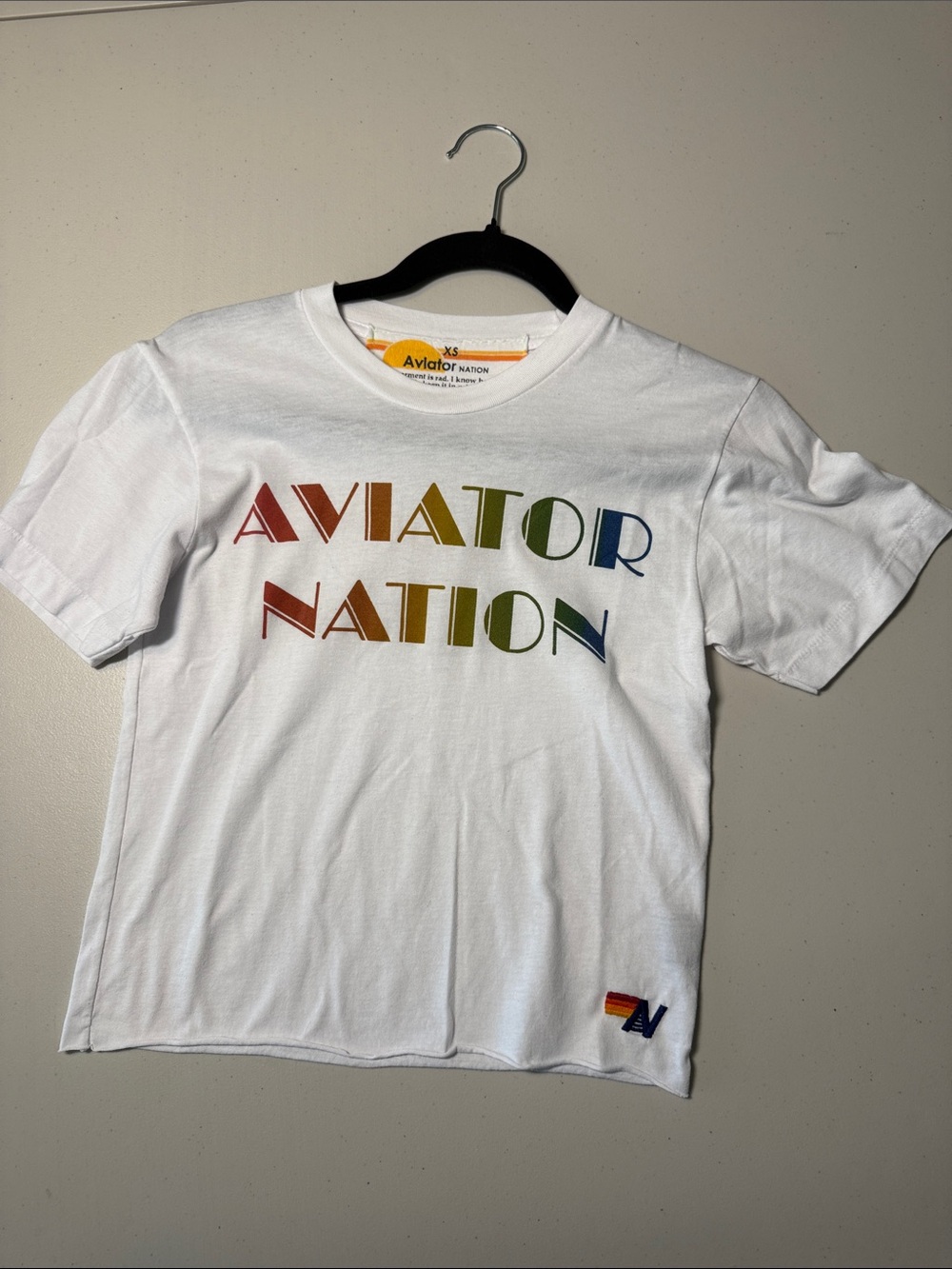 Aviator Nation Boyfriend Short Sleeve Tee Rainbow Gradient Logo White Women’s XS